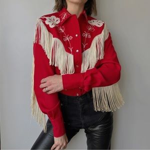 H bar C California Ranch Wear Western Fringe Shirt Red